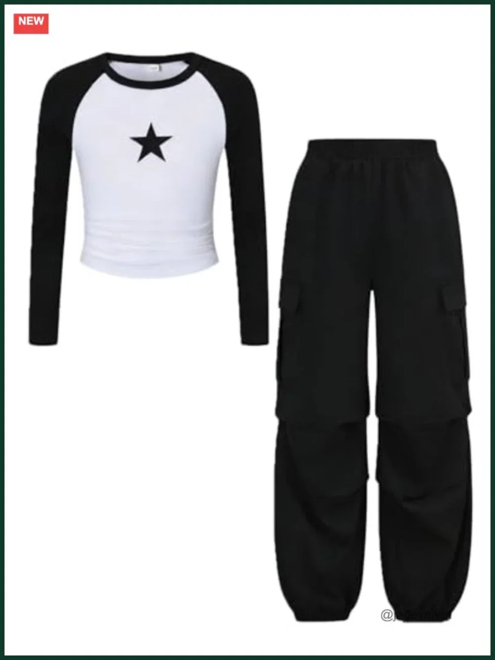 Girls Star Print Top & Cargo Pants Set Long Sleeve Tween Outfit